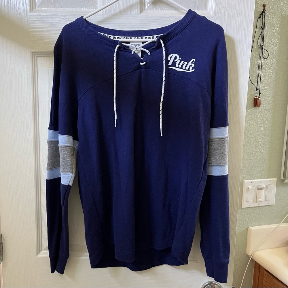 VS pink lace up varsity crewneck long sleeve